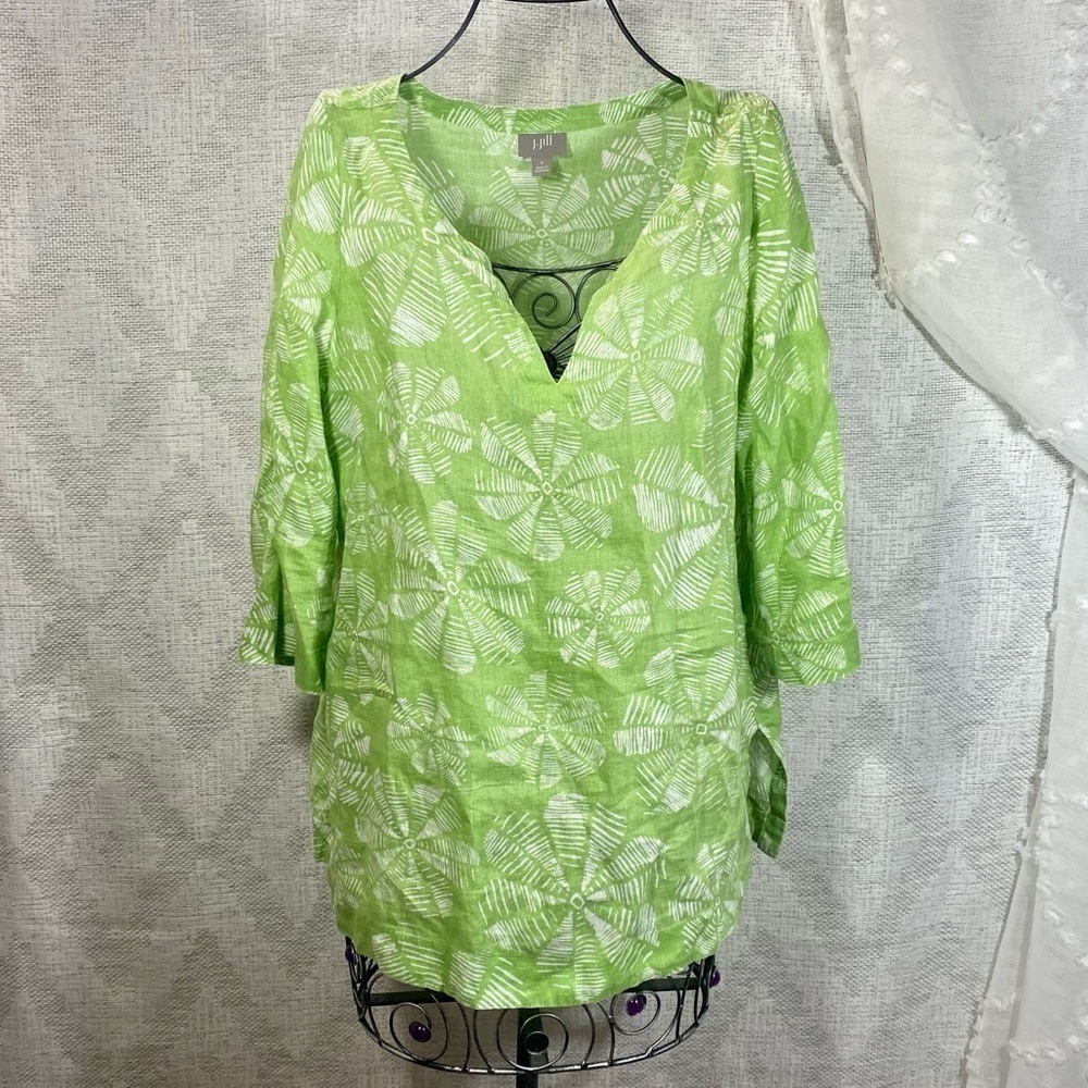 J. Jill green floral 3/4 sleeve linen tunic size S